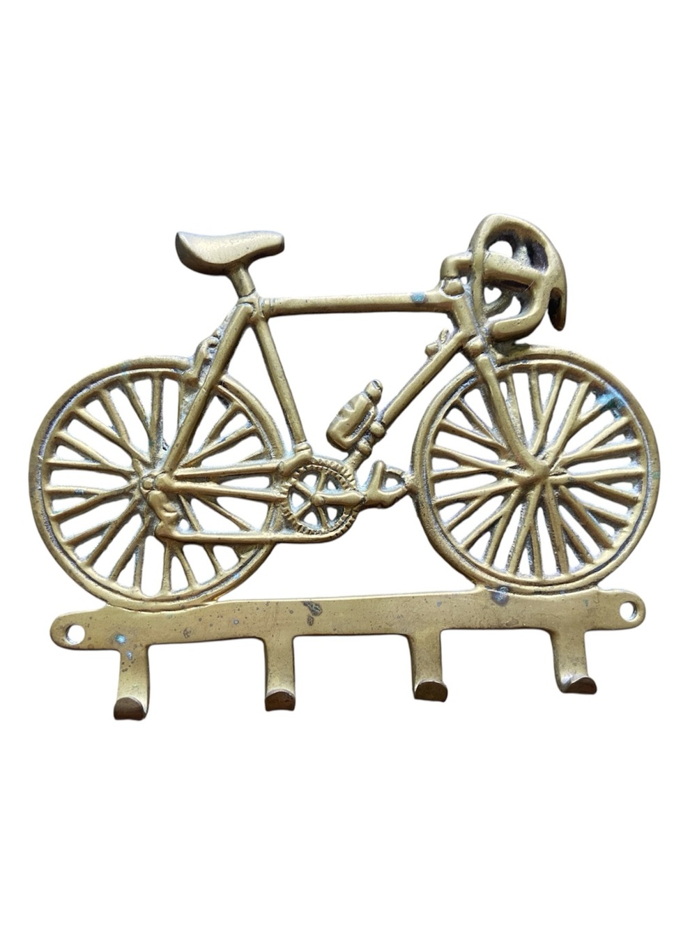 Vintage Brass Bicycle Key Holder Wall Mount 4 Hook Racing Bike Decor